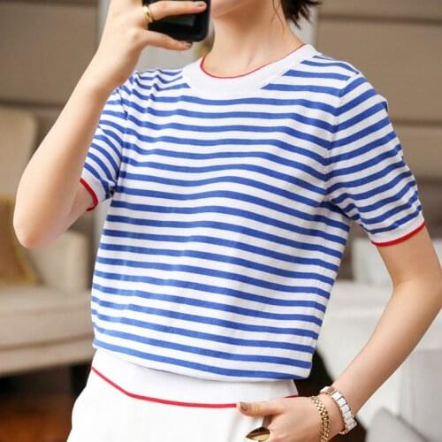 OUMENGKA Women Summer New Harajuku T-Shirts Thin Knitting Stripe O-Neck Tops Women Short Sleeve Stretchy Casual Blue Tee Femme