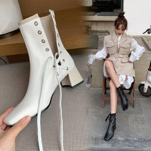 2020 spring and autumn new fashion wild inner strap Martin boots leather square head retro thick heel short boots female X129