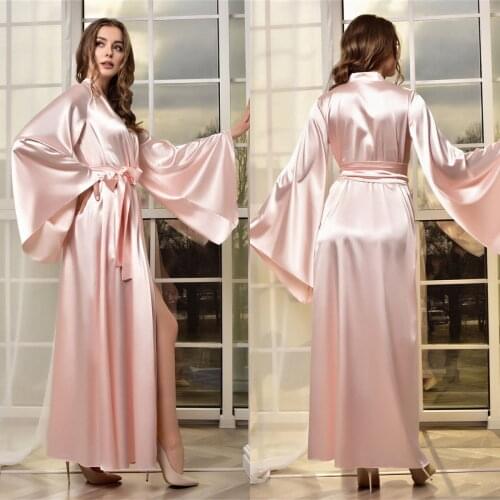 Soft Pink Silk Bridal Robe V Neck Long Sleeve Women Dressing Gown Wedding Bathrobes with Belt Boudoir Sleepwear Nightgowns