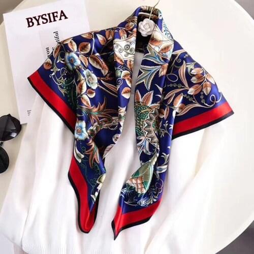 [BYSIFA] Red Blue Ladies Silk Scarf Fashion Elegant Floral Design Square Scarves Shawls Winter Women Scarves 90*90cm