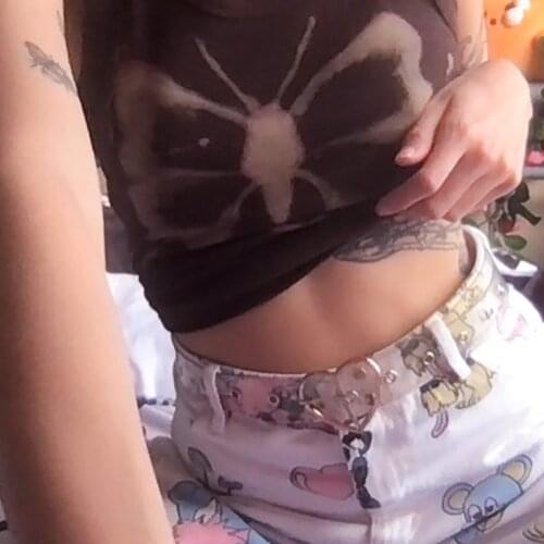 Y2k Aesthetics Butterfly Printed Brown Crop Top Indie Streetwear O-neck Sleeveless Tank Tops 90s Fashion Women Summer Streetwear