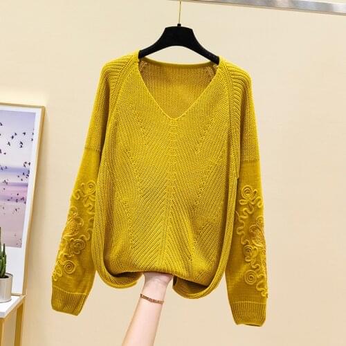 Spring 2021 new V-neck hollowed out loose womens top long sleeve pan pattern thin knitted sweater trend
