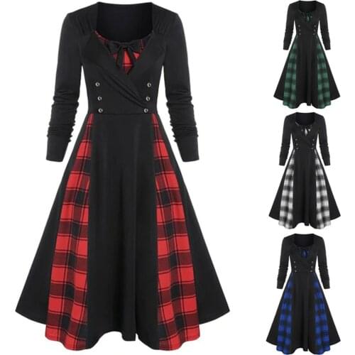 40# Plaid Print Plus Size Maxi Dress Women Long Sleeve Lace Panel A Line Party Dress Stitching Sexy Lace Up Pleated Swing Dress
