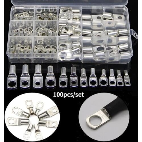 100pcs Assortment Car Auto Copper Ring Terminal Wire Crimp Connector Bare Cable Battery Terminals Soldered Connectors Kit