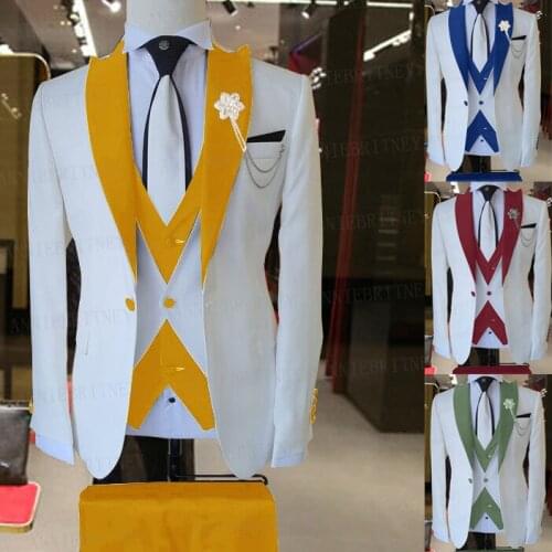 2021 New Suit Men 3 Pieces Slim Groom Wedding Suit Set Fashion Designs White Business Jacket Vest Royal Gold Pants Dress Tuxedo