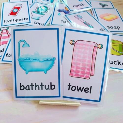 17pcs Montessori Educational Cards Baby Kids Flash Cards Toilet Bathroom Daily Necessities English Cognitive Word Card