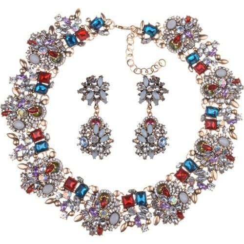 Luxury Ethnic Big Bib Collar Choker Necklace Earrings Sets Women Rhinestone Necklace Retro Statement Maxi Fashion Jewelry