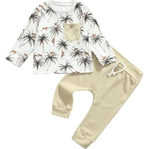 Kids Baby Girls Boys Casual Two-piece Clothes Set, White Coconut Tree Printed Pattern Pullover and Pants 1-6T