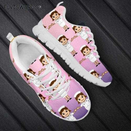 ELVISWORDS Cartoon Nurse Design Non-ship Comfortable Ladies Sneaker Flats Lightweight Air Mesh Sneakers for Women zapatos mujer