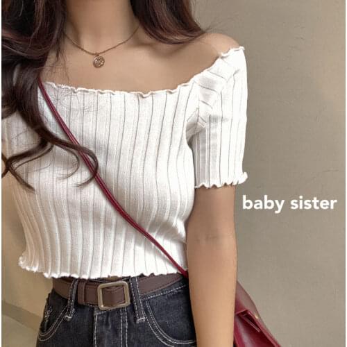 Summer 2020 New Small Short Scheming Collarbone Slim Top Thin Square Collar Short Sleeve Knitted T-shirt for Women