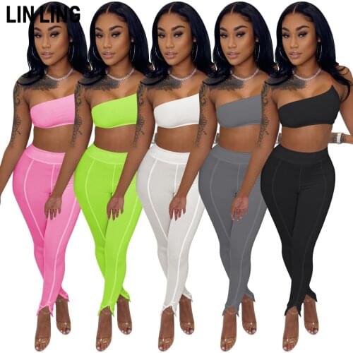 LINLING Womens Sexy 2 Pieces Outfit One Shoulder Crop Top Long Pants Bodycon Sets Tracksuit Clubwear