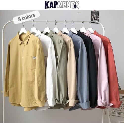 KAPMENTS Man Harajuku Long Sleeve Shirt 2020 Cotton Mens Pockets Japan Style Streetwear Shirts Male Korean Colorful Loose Shirt