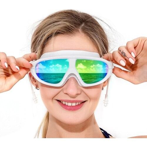 2020 Large Frame Swim Eyewear with Earplug Colorful Flat Myopia Goggles Waterproof Anti-Fog HD Transparent Swim Glasses