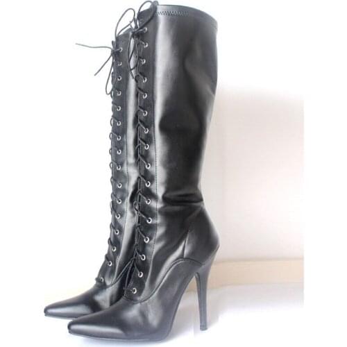 Sexy Red Knee-High Boots Lace-Up Thin Spike High Heel Shoes Fashion Pointed Toe Long Cross-Tied Spike Heels Boots For Ladies