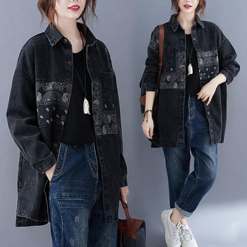 Retro loose literary long-sleeved spring new lapel stitching printing all-match casual denim top