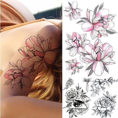 Pink Lotus Flower Temporary Tattoos For Women Adults Black Triangle Eye Rose Tattoo Sticker Fake Anemone Orchid Tatoos Thigh