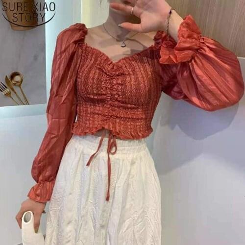 Puff Long Sleeve Shirt Top Women Shirts Blouses 2021 Summer Slash Neck Off Shoulder Blouse Korean Shirring Pleated Clothes 15610