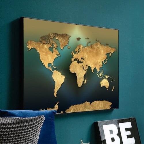 Modern World Map Canvas Painting Nordic Golden Green Map Landscape Posters Prints Wall Art Picture for Living Room Home Decor