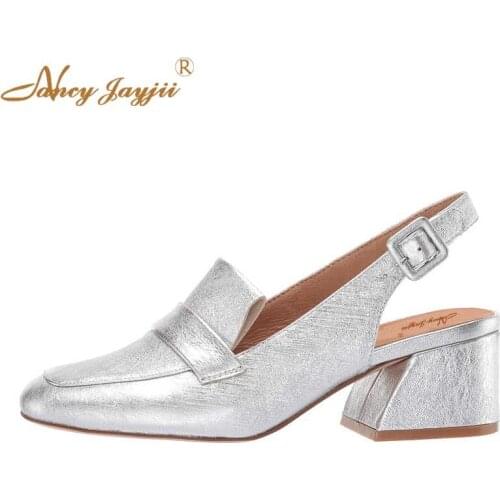 Nancyjayjii Solid Silver Black Mid Square Heels Neutral Pumps Round Toe Slingbacks Buckle Strap Cool Street Women Shoes 2019
