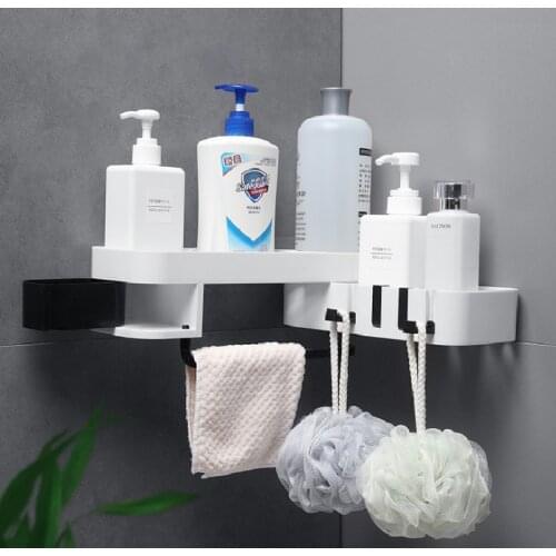 Bathroom Corner Storage Rack with Hooks Wall Mounted Kitchen Shelf for Bathroom Shampoo Organizer