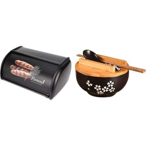 Bread Box,Large Capacity Metal Bread Box,Holder Bin Container 3.1-4L & Japanese Style Ceramic Bowl,Tableware Set