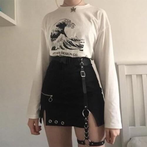 Gothic Women Skirts With Metal Chain Split Modis Mini A-line Skirt Black Summer 2021 Streetwear Female Party Outfits
