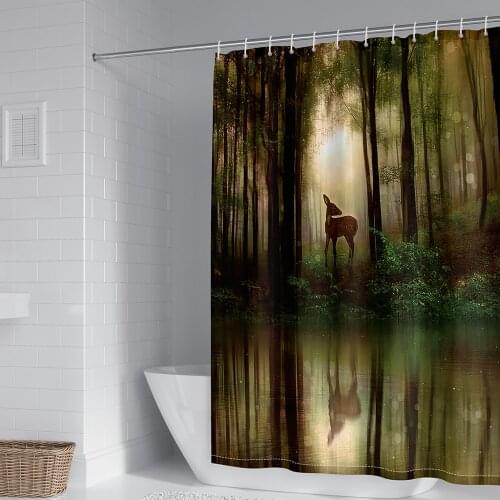 3D Printing Plant Jungle Elk Pattern Shower Curtain Waterproof Fabric Machine Washable Bathroom Curtain with Hook Accessories