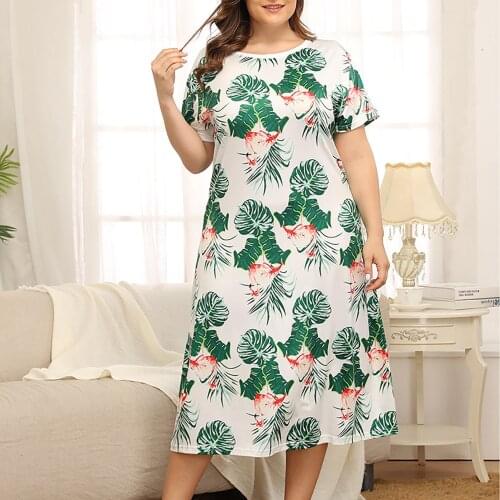 Womens Nightdress Long Lingerie Plus Size Printed O-Neck Short Sleeve Home Loose For Full Season Sleepwear Underwear XL-XXXXL