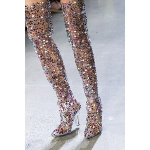 Sestito New 2019 Women Bling Multi Crystal Transparent Square High Heels Dress Runway Shoes Lady Pointed Toe PVC Over Knee Boots