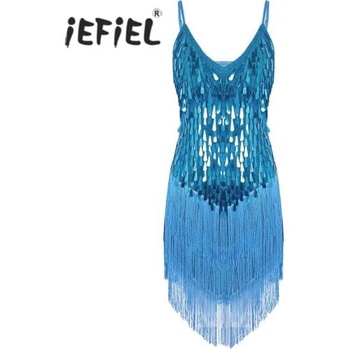 Adult Women Adjustable Spaghetti Straps Sequins Fringe Dance Party Dress Gowns Rhythm Ballroom Samba Rumba Tango Latin Dancewear
