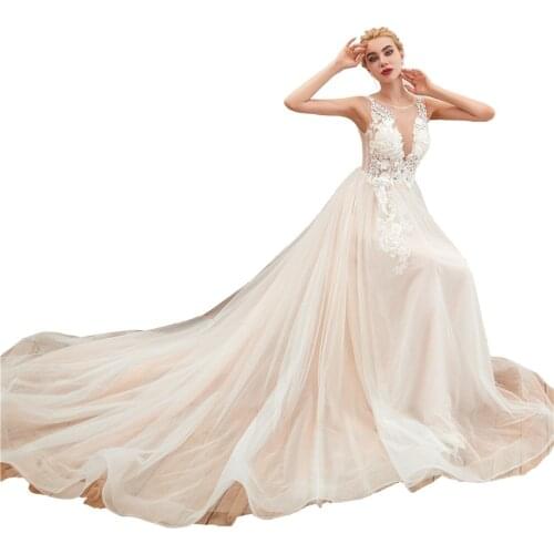 In Stock Scoop Neck Tulle with Appliques Sleeveless Wedding Dress Bodas Gelinlik 2019 Vestido de noiva plus size Vestidos novia