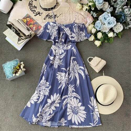 2020 Vintage Boho Ruffles Floral Print Summer Off Shoulder Midi Dress Women Casual Spaghetti Strap Beach Holiday Vestidos b254