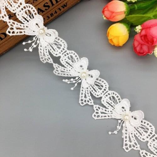 20x White Butterfly Knot Bow Lace Edge Trim Pearl Beaded Tassel Ribbon Applique Hat Decorative Wedding Dress Sewing Crafts