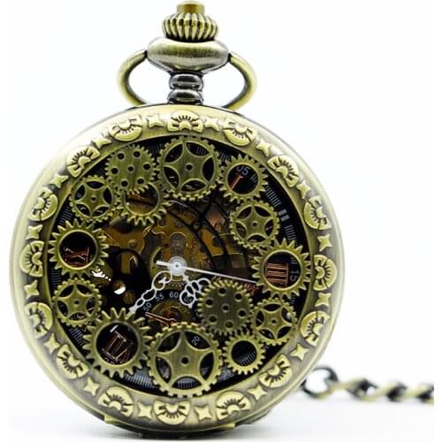 5pcs/lot Fashion Bronze Vintage Skeleton Mechanical Pocket Watch Men Women Chain Necklace Casual Pocket & Fob Watches PJX1301