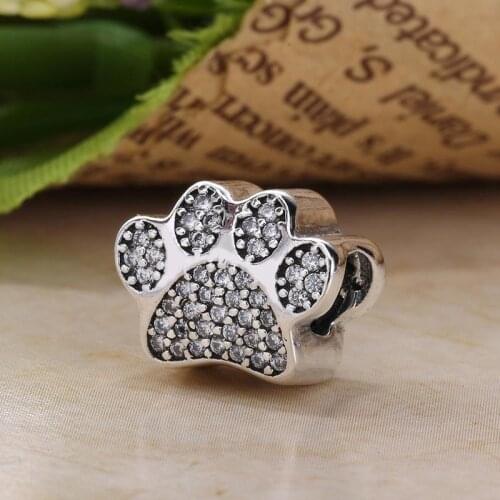 Free Shipping Authentic 925 Sterling Silver Sparkling Paw Print Charm Fit Original Pandora Bracelet For Women DIY Jewelry Bead