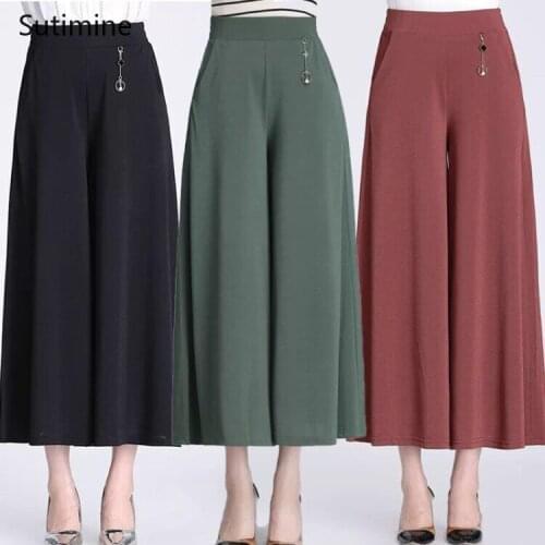 Summer and Autumn Plus Size Culottes Wide-leg Pants Thin Middle-aged and Elderly High-waist Womens Pants