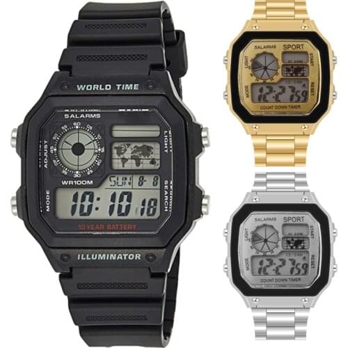 Men Watches Waterproof LCD Colorful Cold Light Watch Stainless Steel Digital Watch 5 Alarm Clock World Time Fashion Watches