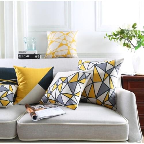 Nordic Modern Geometric Art Cushion Covers Triangles Plaids Stripes Yellow Cushion Cover Linen Cotton Pillow Case For Bedroom