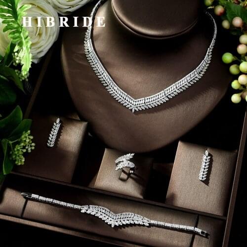 HIBRIDE High Quality 4 Piece African Indian Bridal Wedding Costume Jewelry for Women Party Luxury Zirconia Jewelry Sets N-150