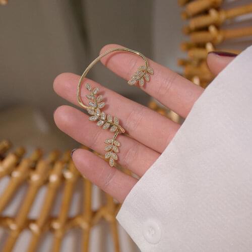 Classic Fashion Romantic Sweet Leaf Rhinestones Elf Ear Hook Studs for Women Temperament Korean Around Ear Rings Gift