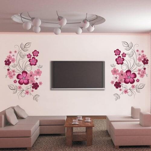 Beautiful Pink Purple Flowers Vine Wall Stickers for TV Living Room Bedroom Waterproof Removable Home Decoration Wedding Home