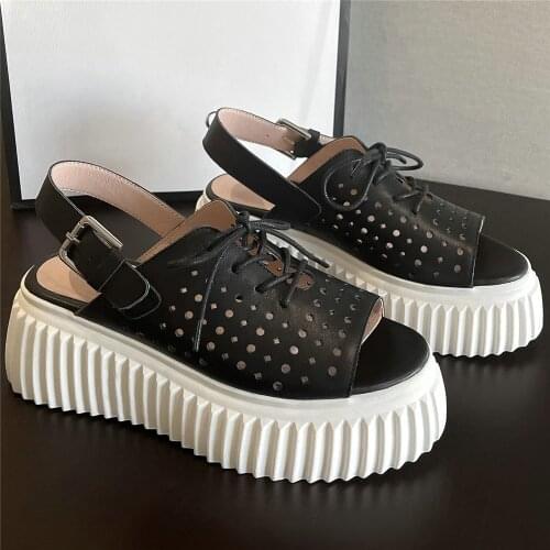 Fashion Sneakers Women Lace Up Genuine Leather Wedges High Heel Gladiator Sandals Female Open Toe Platform Oxfords Casual Shoes