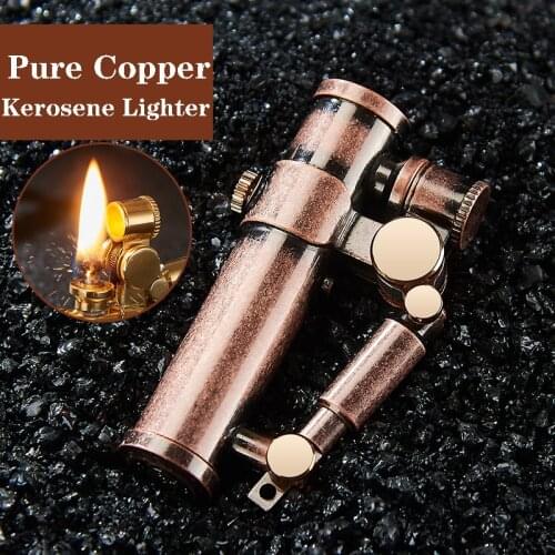 Hand Made brass Retro Trench lighter automatic mechanical kerosene lighter one button press ignition pure copper cigarette