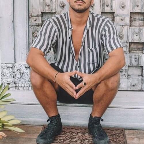 Mens Fashion Striped Shirts Summer Hawaiian Streetwear Casual Hip Hop Lapel Neck Button Male Short Sleeve Tops Clothing Blouses