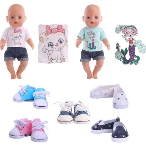 Doll Clothes Cartoon White Kitten, Mermaid Pattern T Shirt + Jeans For 18 Inch American&43Cm Baby New Born Doll Our Generation