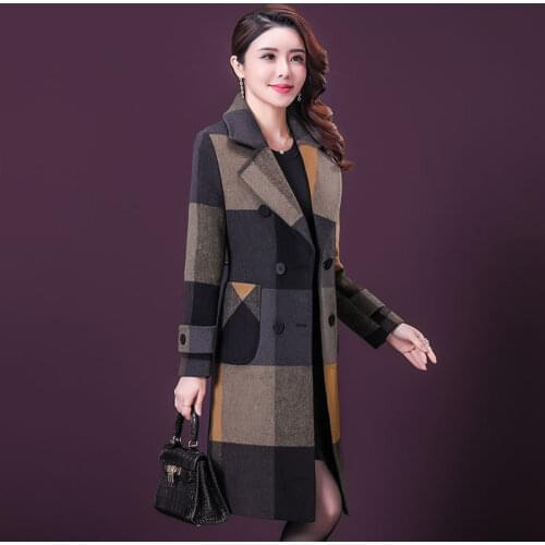 2020 Autumn Winter Women Warm Coat Elegant Plaid double-breasted Outwear Female Big Pocket Loose Mid-long Coat