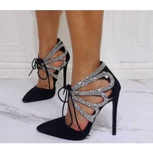 Drop Shipping Fashion Woman Black Suede Sliver Glitter Hollow Out Pointed Toe Pumps Female Lace Up Front Thin Heels Dress Shoes