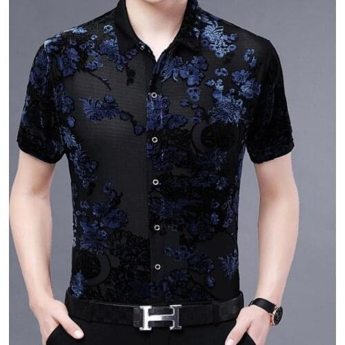 Summer Red Flowers Velvet Shirts For Mens Blue See Through Stretch Clothing Social Club Dance Velour Dress Big Size Blouse Mesh
