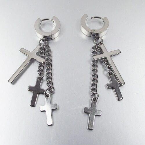 SaYao 2 Piece 2018 New Tassels Cross Stainless Steel Studs Men boy girl punk 3 Crosses Earrings Stud Earring