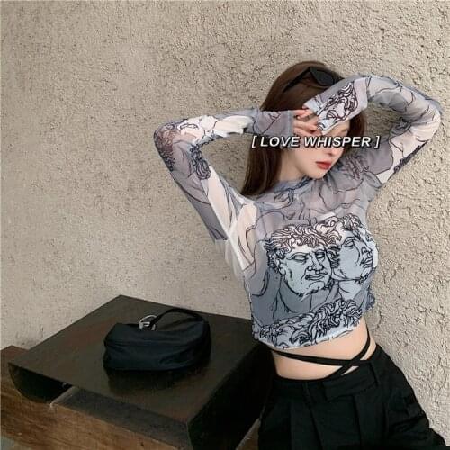 Y2k Sexy Women T Shirt See Through Transparent Mesh humor funny Tops Long Sleeve Sheer Slim Ladies Turtleneck Harajuku T-Shirt